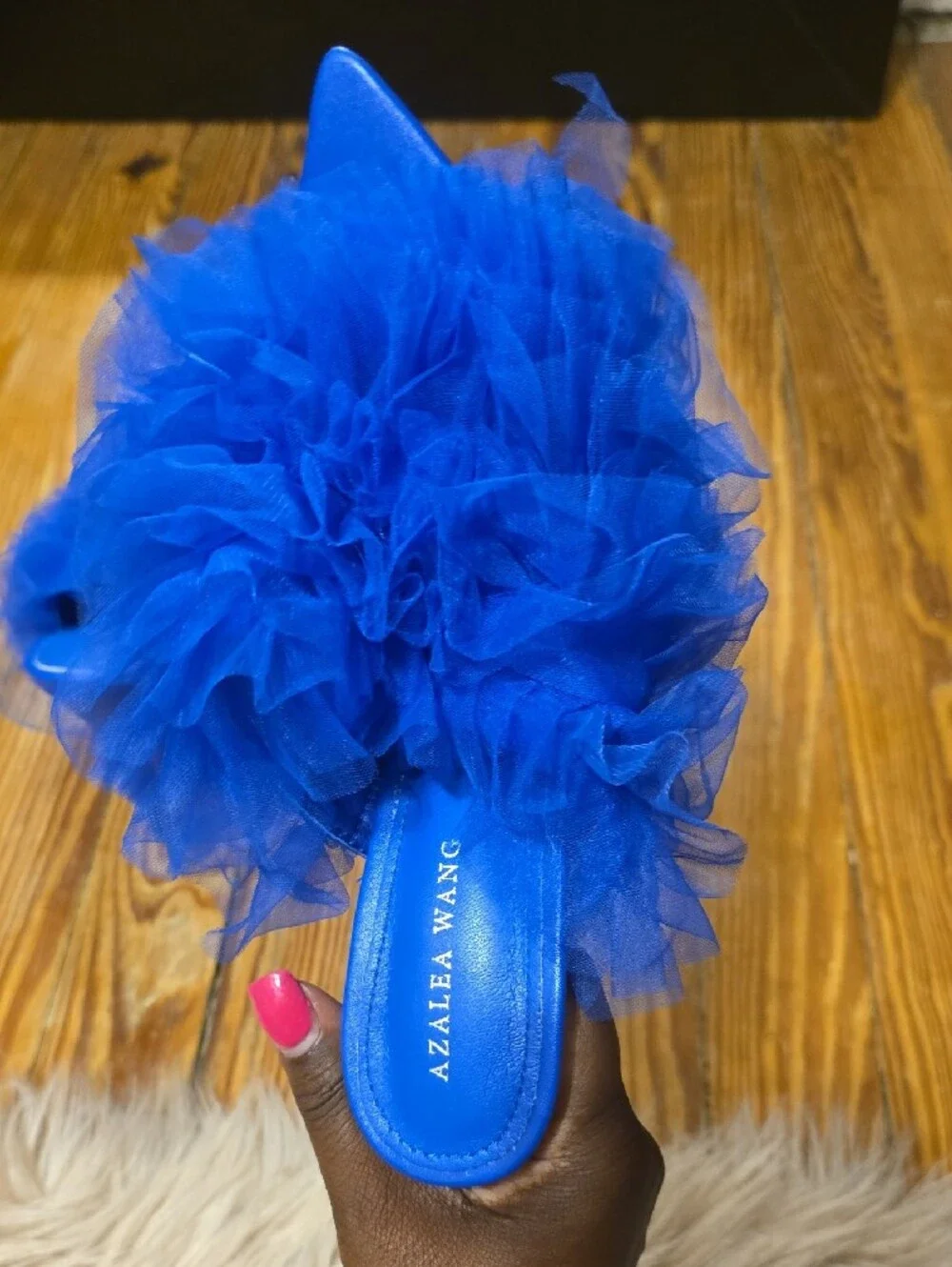Azalea Wang Birdie Blue Tulle Pointed Slide Heels